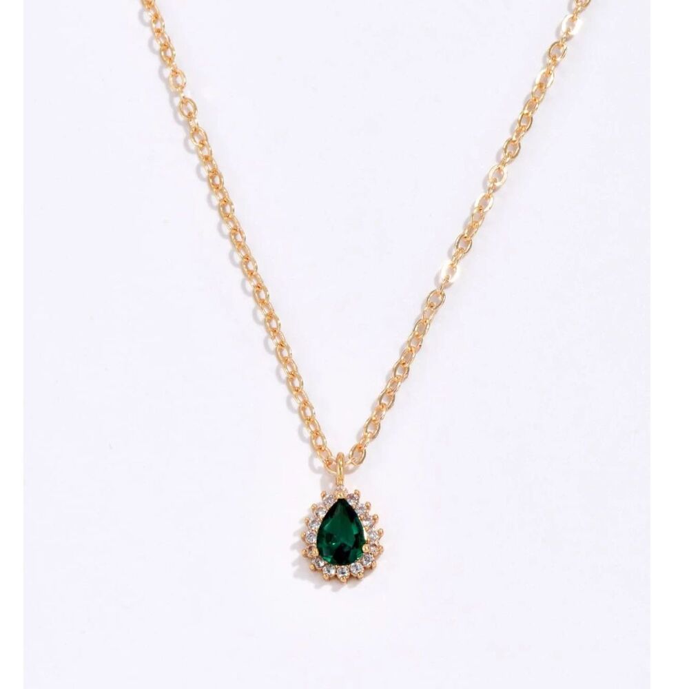 Green Zirconia Crystal Pendant Necklace Gmstone Teardop Charm Adjstbl Gold Chain